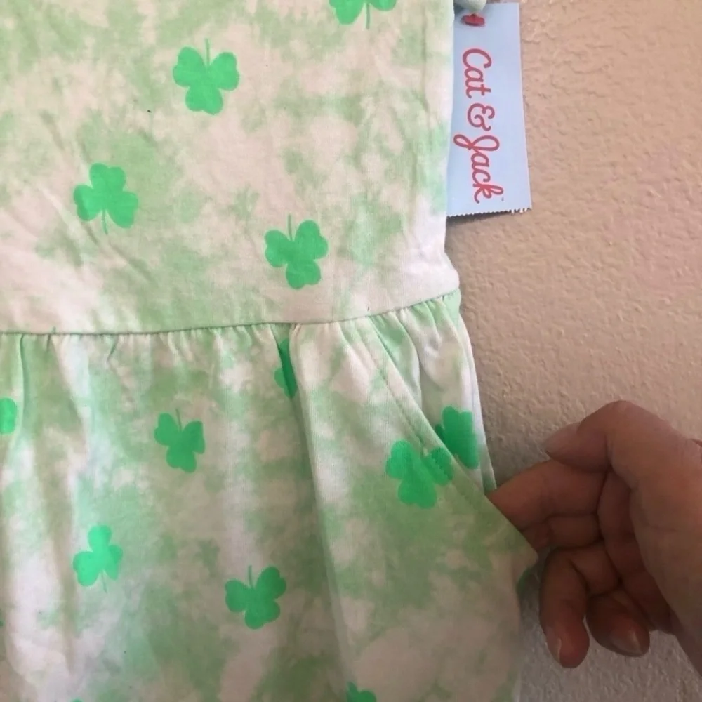 Cat & Jack Girls Green Shamrock Short  Sleeves Pocket Babydoll Style Dress Sz L